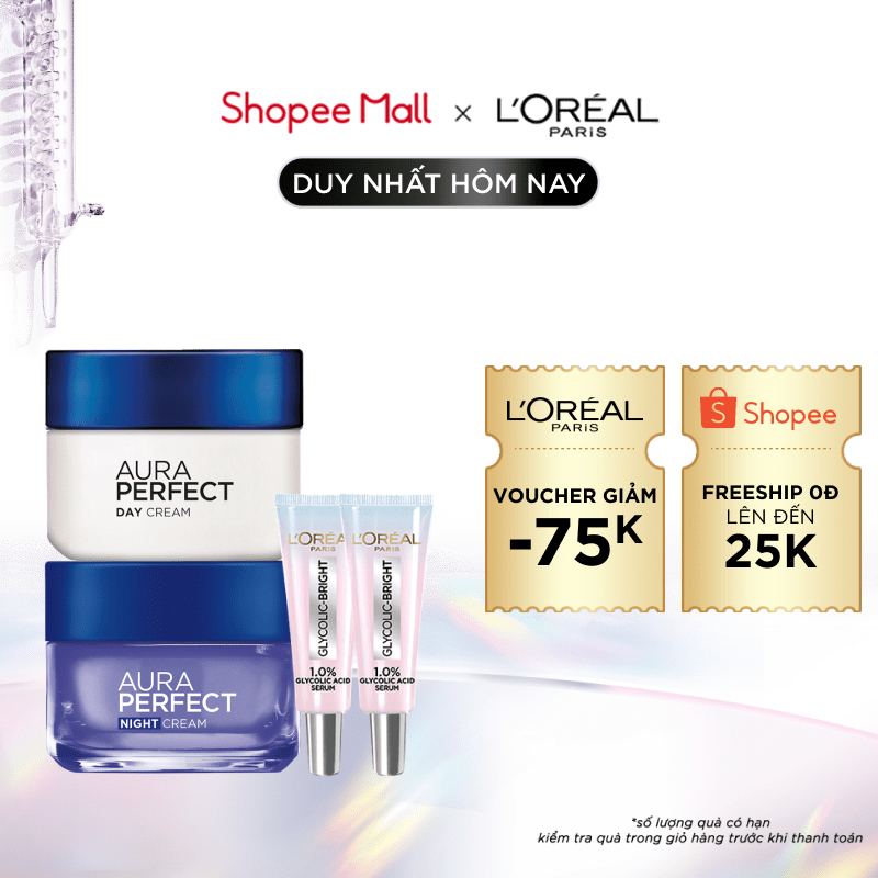 Bộ kem dưỡng sáng da Aura Perfect & serum sáng da tức thì Glycolic L'Oreal Paris