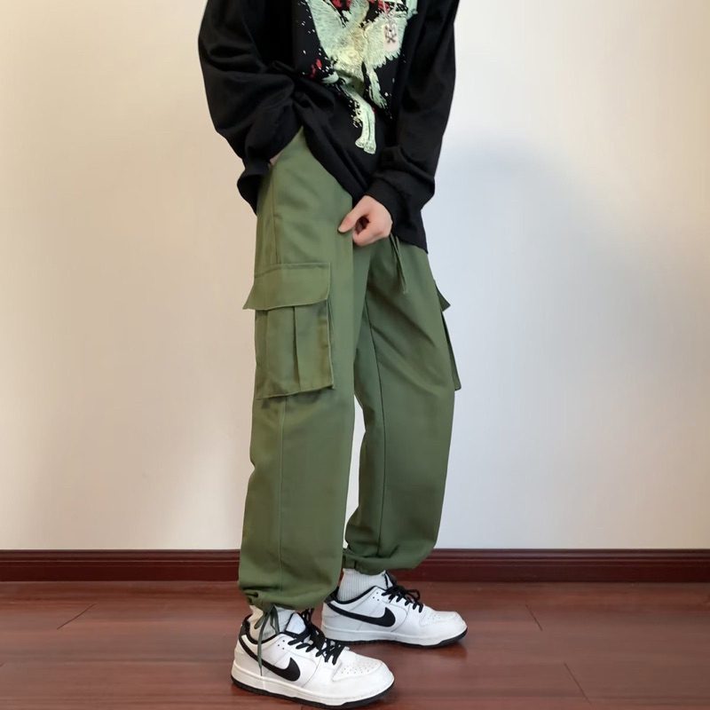 Quần jogger kaki túi hộp lưng thun màu xanh rêu unisex