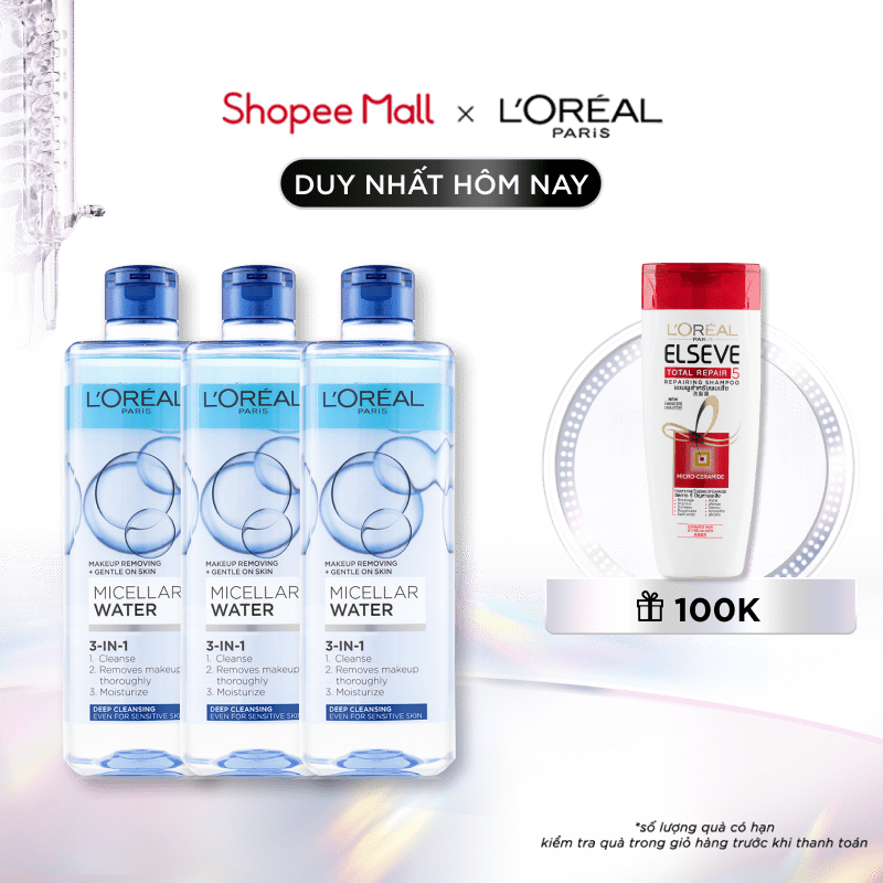 Bộ 3 nước tẩy trang đa năng 3-in-1 L'Oreal Paris Micellar sạch sâu 400ml x 3