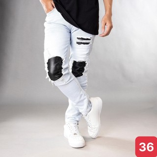 Quần jean nam rách vá da gối to màu xanh nhạt trơn chất bò cao cấp co dãn 4 đẹp rin trơn form skinny Ado24 mẫu mới