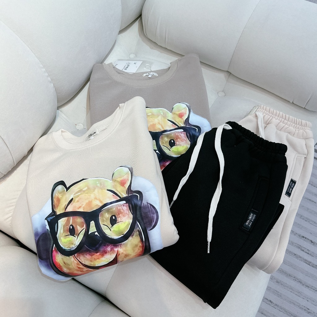 Set Bộ Đồ Nỉ Gấu Pooh Đeo Kính Áo Nỉ Form Thụng Rộng Mix Quần Dài Freesize