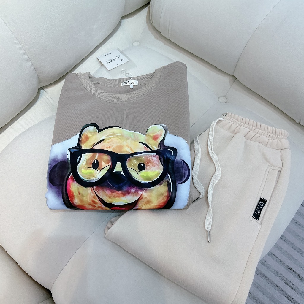 Set Bộ Đồ Nỉ Gấu Pooh Đeo Kính Áo Nỉ Form Thụng Rộng Mix Quần Dài Freesize