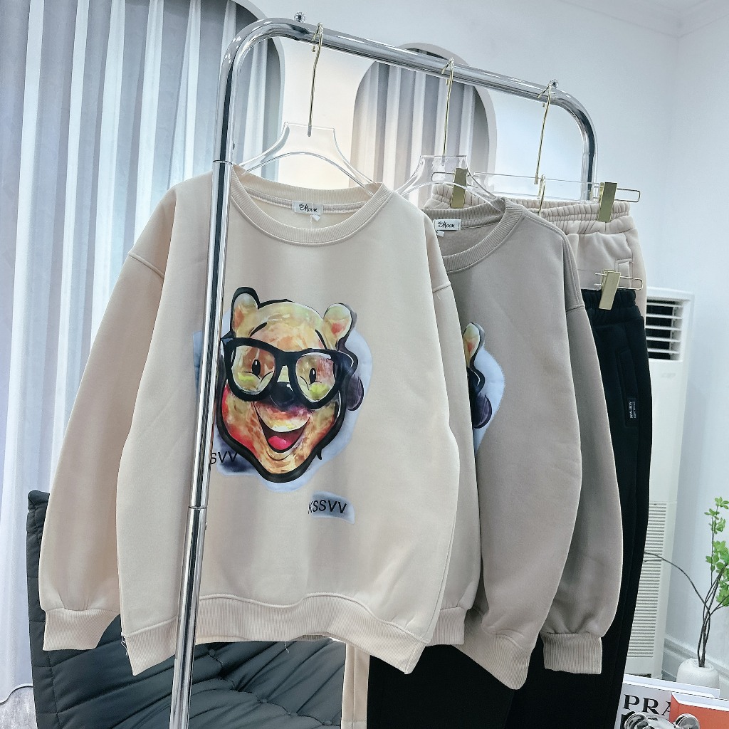 Set Bộ Đồ Nỉ Gấu Pooh Đeo Kính Áo Nỉ Form Thụng Rộng Mix Quần Dài Freesize