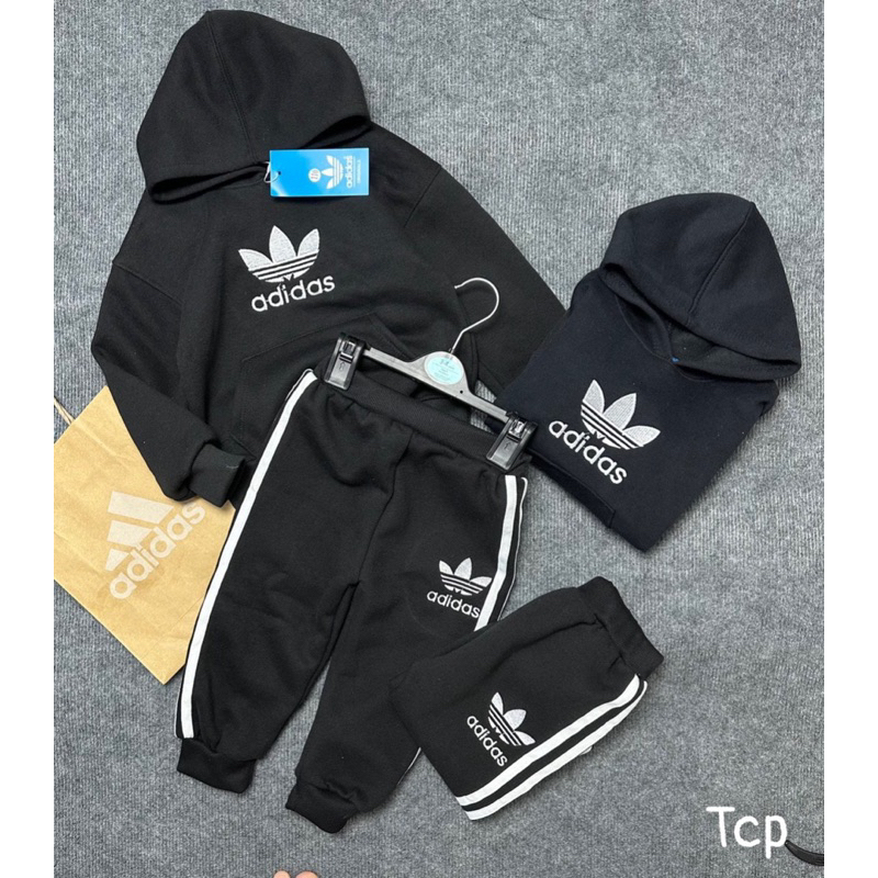 Đồ bộ nỉ thể thao có mũ chui đầu bé trai bé gái mẫu basic, set 2 sọc màu đen d.a.s áo hoodie phối quần cạp chun mềm mịn