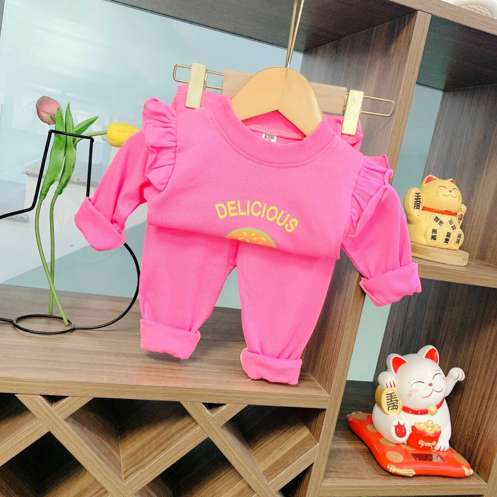 Bộ quần áo dài tay, thu đông, mặc điều hòa, chất thun tăm, len gân, cho bé gái 6-17kg – BD12