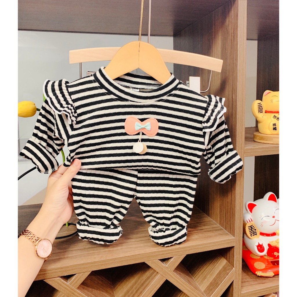 Bộ quần áo dài tay, thu đông, mặc điều hòa, chất thun tăm, len gân, cho bé gái 6-17kg – BD12