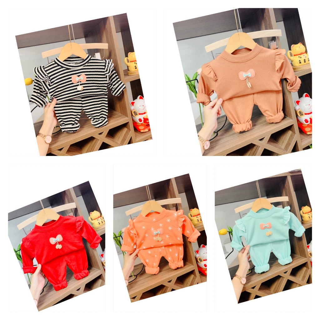 Bộ quần áo dài tay, thu đông, mặc điều hòa, chất thun tăm, len gân, cho bé gái 6-17kg – BD12