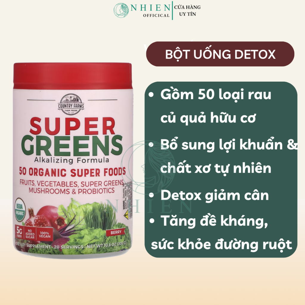 Bột detox giảm cân, bổ sung chất xơ hòa tan từ 50 siêu thực phẩm hữu cơ Country Farms Super Green