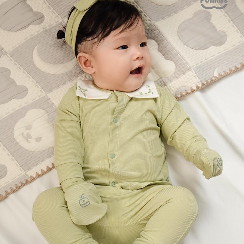 Bộ sơ sinh thu đông hoạ tiết đáng yêu cho bé màu xanh lá quần + áo