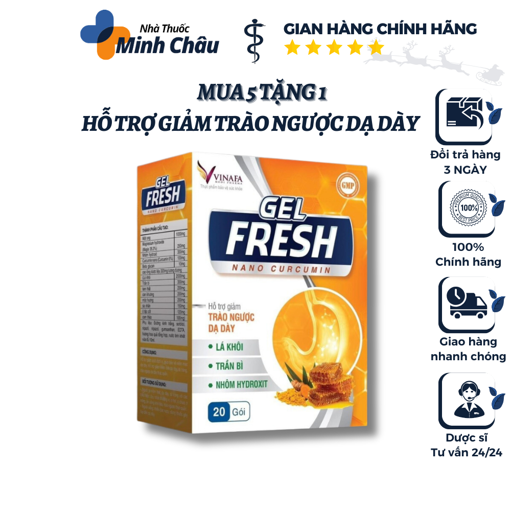 Gel Fresh Nano Curcumin Bảo vệ niêm mạc dạ dày, giảm axit, trào ngược, đau, loét dạ dày - Hộp 20 gói