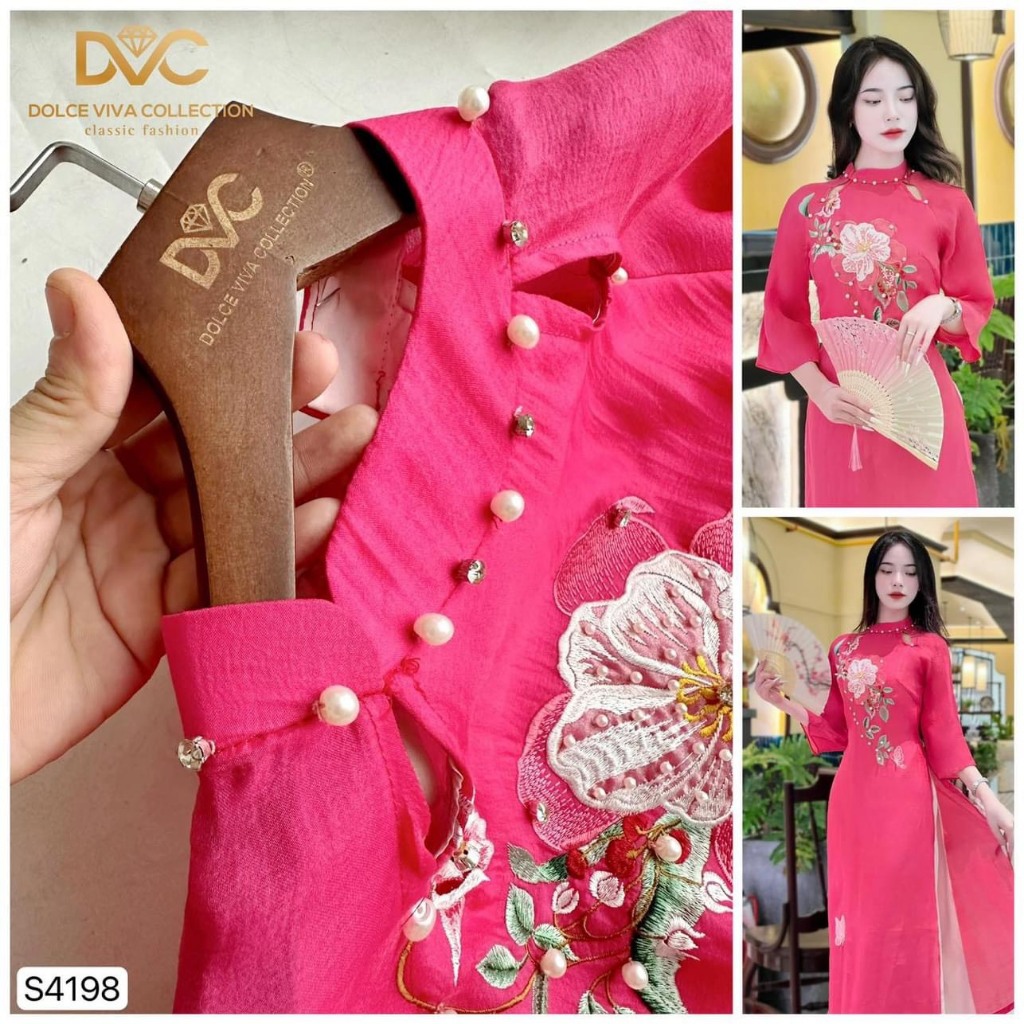S4198 Sét áo dài hồng tay lửng 4 tà tơ ánh lót lụa  áo dài cách tân thêu thủ công cao cấp