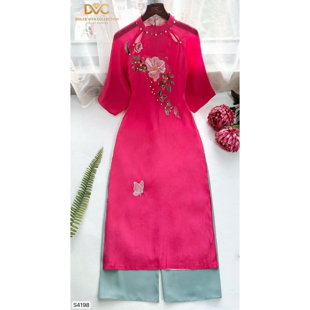 S4198 Sét áo dài hồng tay lửng 4 tà tơ ánh lót lụa  áo dài cách tân thêu thủ công cao cấp