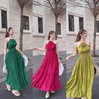 Đầm maxi đi biển cổ yếm đính bông ngực mocking thân sau chất vải Lụa nhiều màu xinh.,