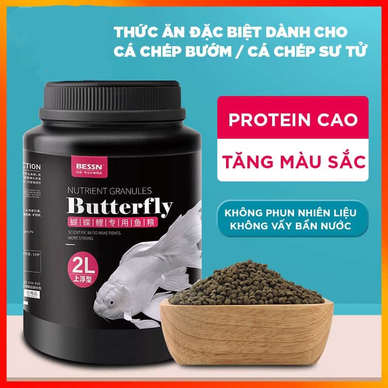 Cám cá chép sư tử Bessn Butterfly - Thức ăn giàu đạm, tảo xoắn và Vitamin 700ml  size 3mm