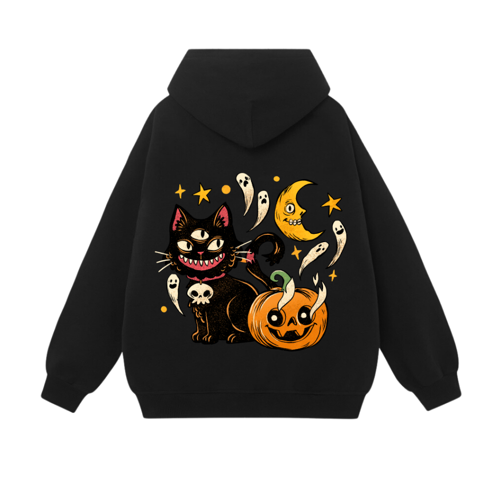 Áo Hoodie Form Rộng YANDO OUTFITS P10030 Nỉ Cotton Hallowwen Cat 3 Eyes 350GSM Local Brand