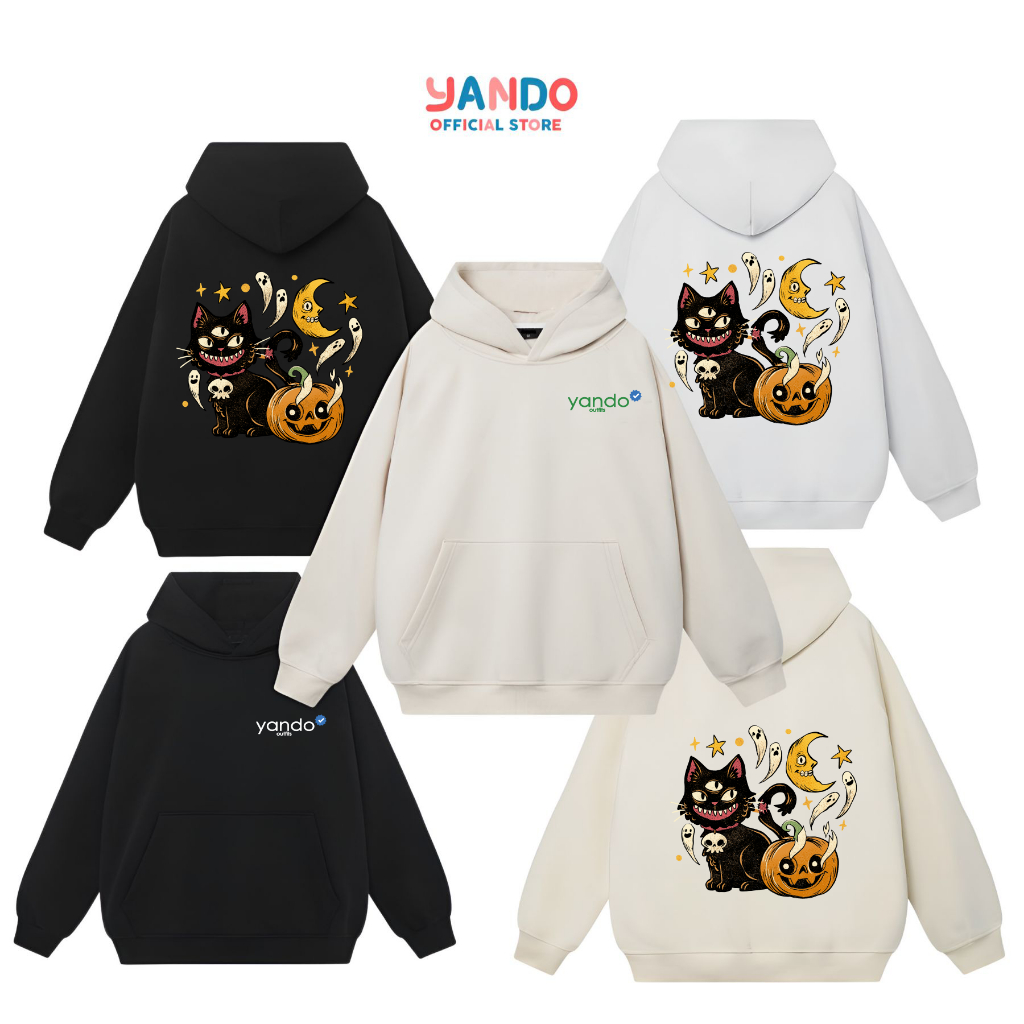 Áo Hoodie Form Rộng YANDO OUTFITS P10030 Nỉ Cotton Hallowwen Cat 3 Eyes 350GSM Local Brand