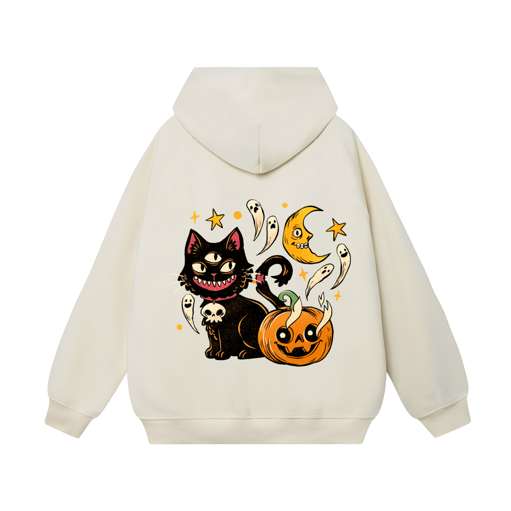 Áo Hoodie Form Rộng YANDO OUTFITS P10030 Nỉ Cotton Hallowwen Cat 3 Eyes 350GSM Local Brand