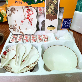  Bộ bát đĩa kèm Hộp quà tặng  19 sản phẩm  cao cấp Bát tràng gốm sứ bát tràng dày dặn hoa văn đẹp 