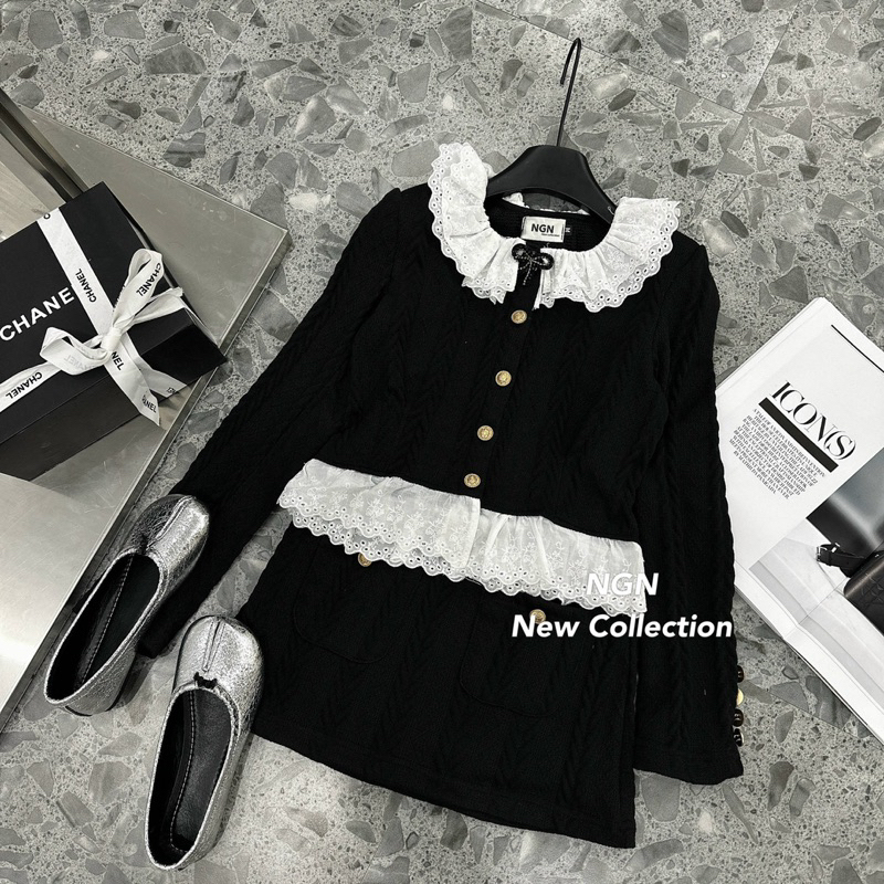 Sét áo dài tay phối cổ bèo +chân váy cúc vàng