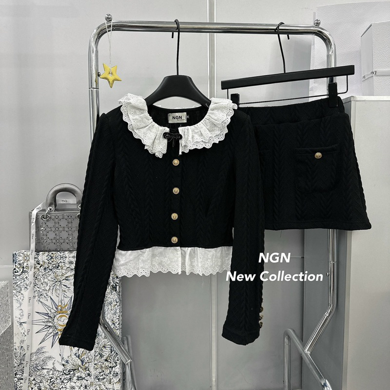 Sét áo dài tay phối cổ bèo +chân váy cúc vàng