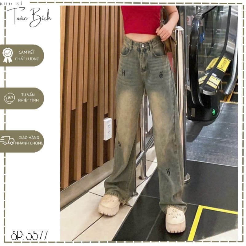 Quần jean nữ ống suông thêu chữ H màu xanh dơ phủ vàng 5577