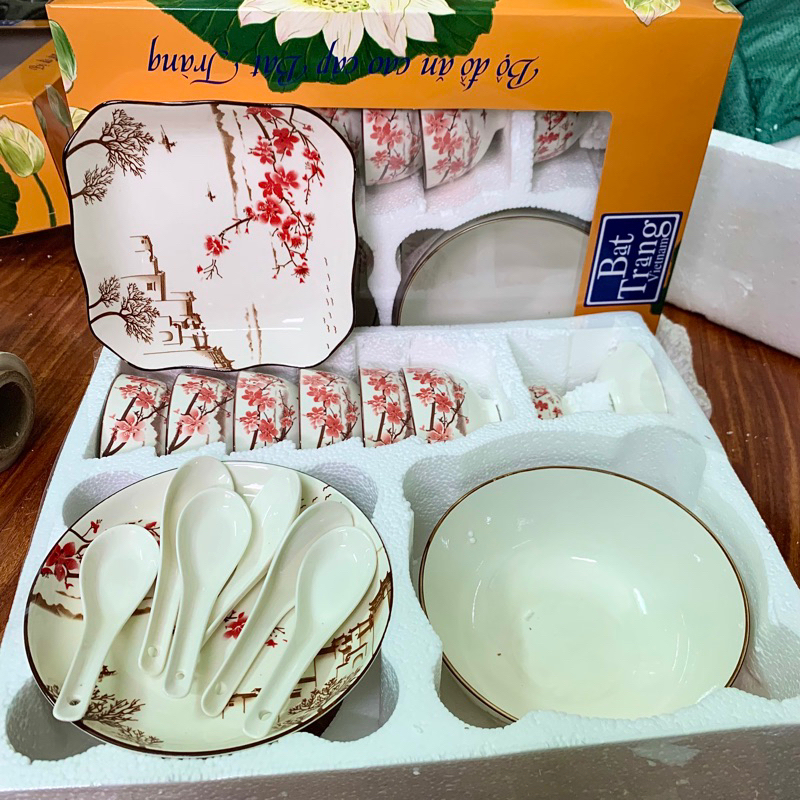 bộ bát tràng hoạ tiết hoa xanh cực đẹp, dùng được lò vi sóng ảnh thật 100%