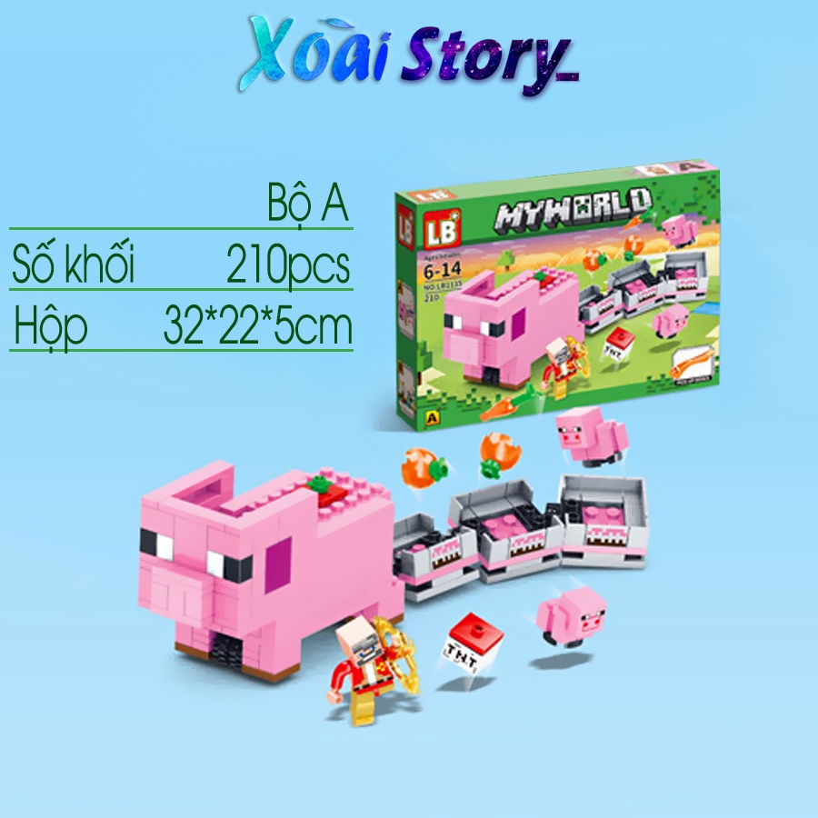 Đồ chơi lắp ráp mô hình minecraft tàu hỏa lợn và khu rừng 4in1