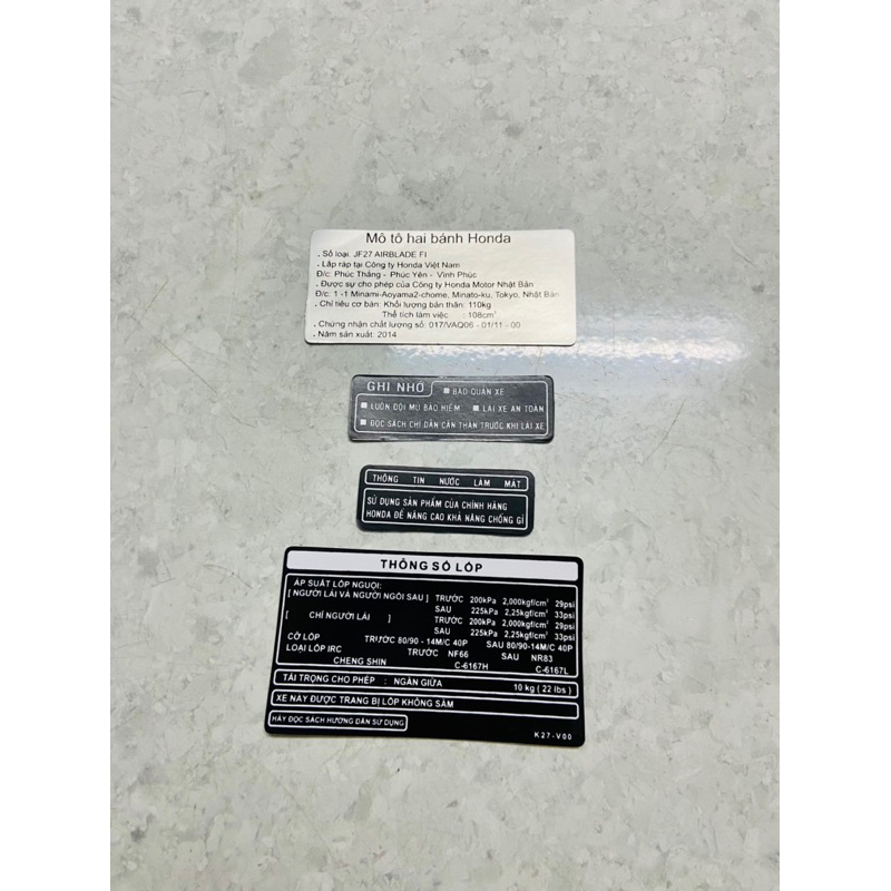 Tem Thông Số + Năm sản xuất Dán Xe Máy Honda AB Việt Nam Air Blade 125 2013 - 2014 - 2015