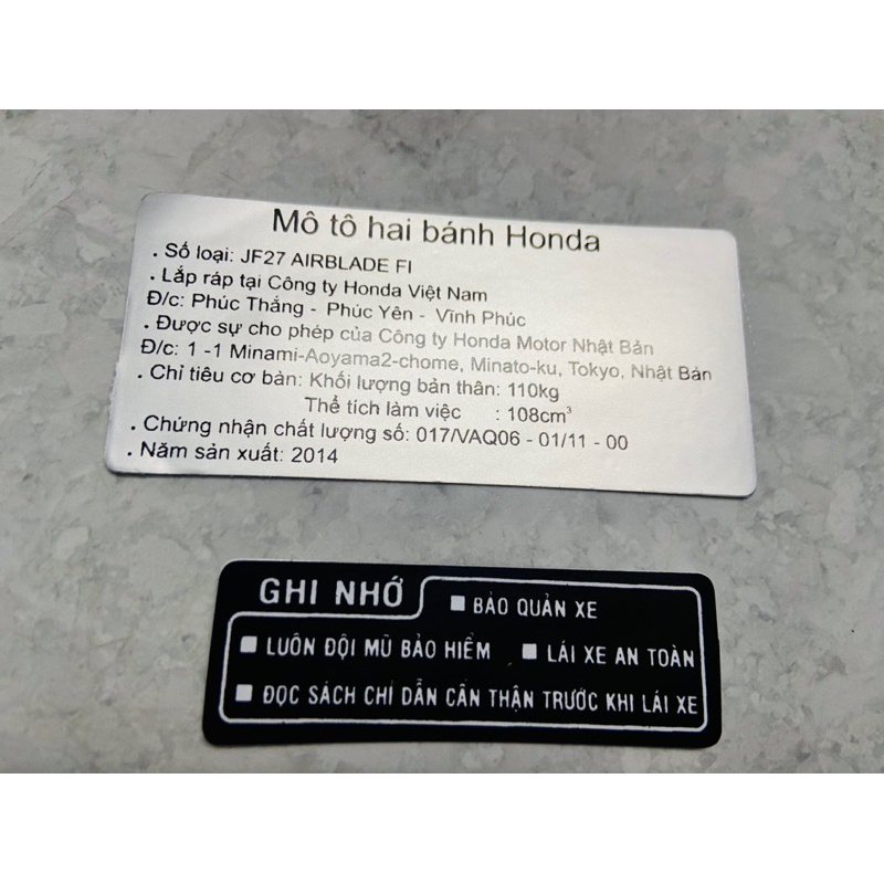 Tem Thông Số + Năm sản xuất Dán Xe Máy Honda AB Việt Nam Air Blade 125 2013 - 2014 - 2015