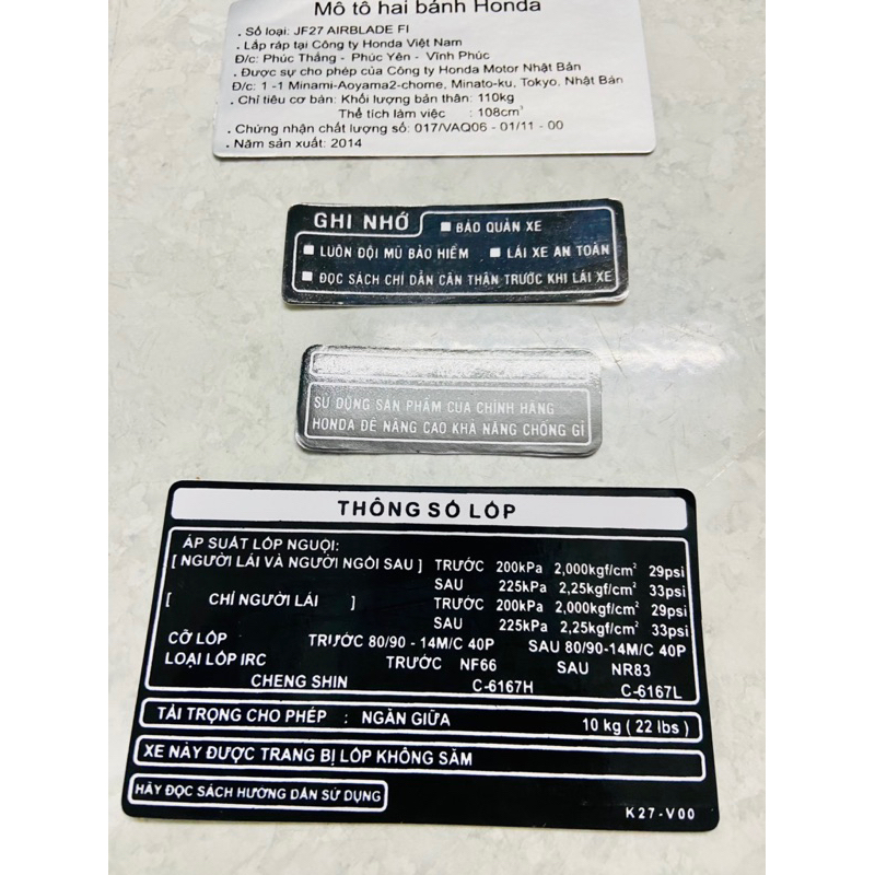 Tem Thông Số + Năm sản xuất Dán Xe Máy Honda AB Việt Nam Air Blade 125 2013 - 2014 - 2015