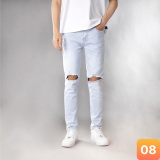 Quần jean nam màu xanh nhat rách gối to chất liệu bò cao cấp co dãn 4 chiều form dáng skinny đẹp LAVADO8 mới