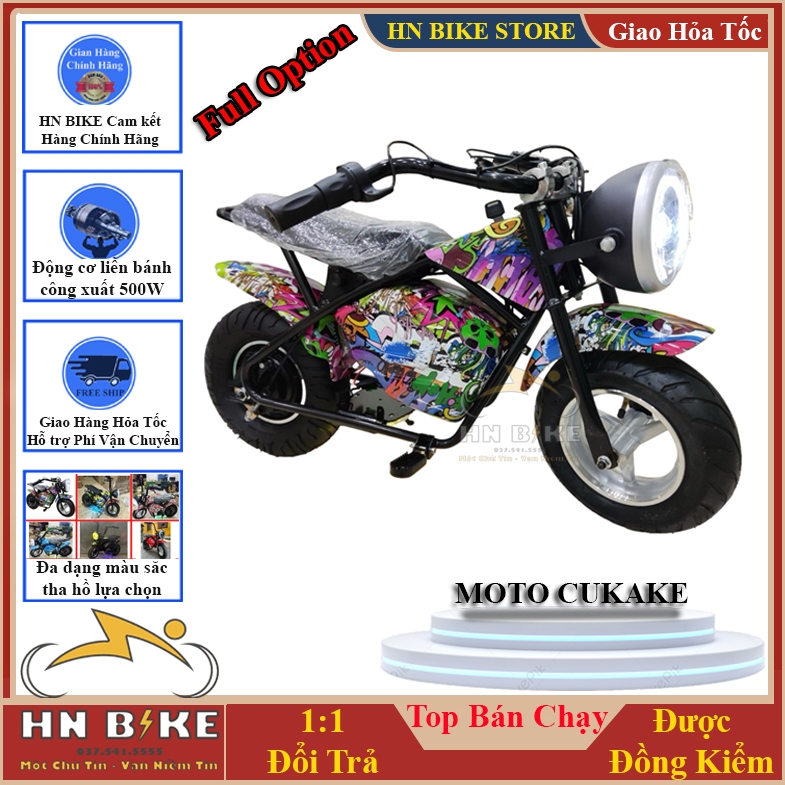 Xe điện moto mini Cukake, Xe cukake bản cao cấp, Động cơ liền bánh 36V500W, Có đèn gầm, Đèn pha