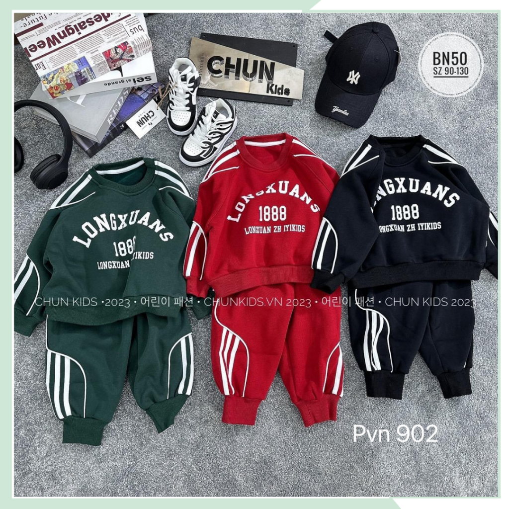 Bộ nỉ cho bé trai, áo nỉ hai da dài tay kèm quần bo gấu thu đông cho bé BBT53