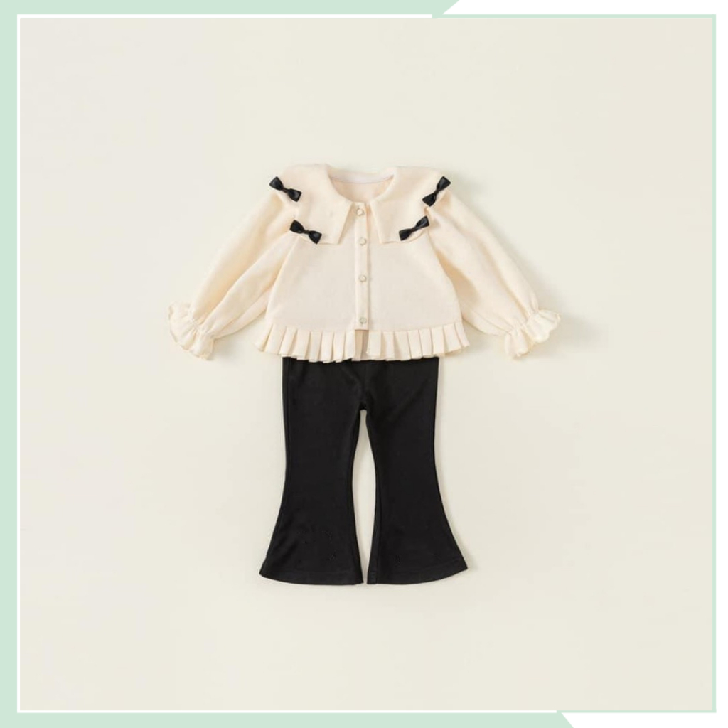 Bộ thu đông cho bé đi học, set áo len cotton cardigan thêu nơ phối quần dài zip ống loe cho bé đi chơi BBG123