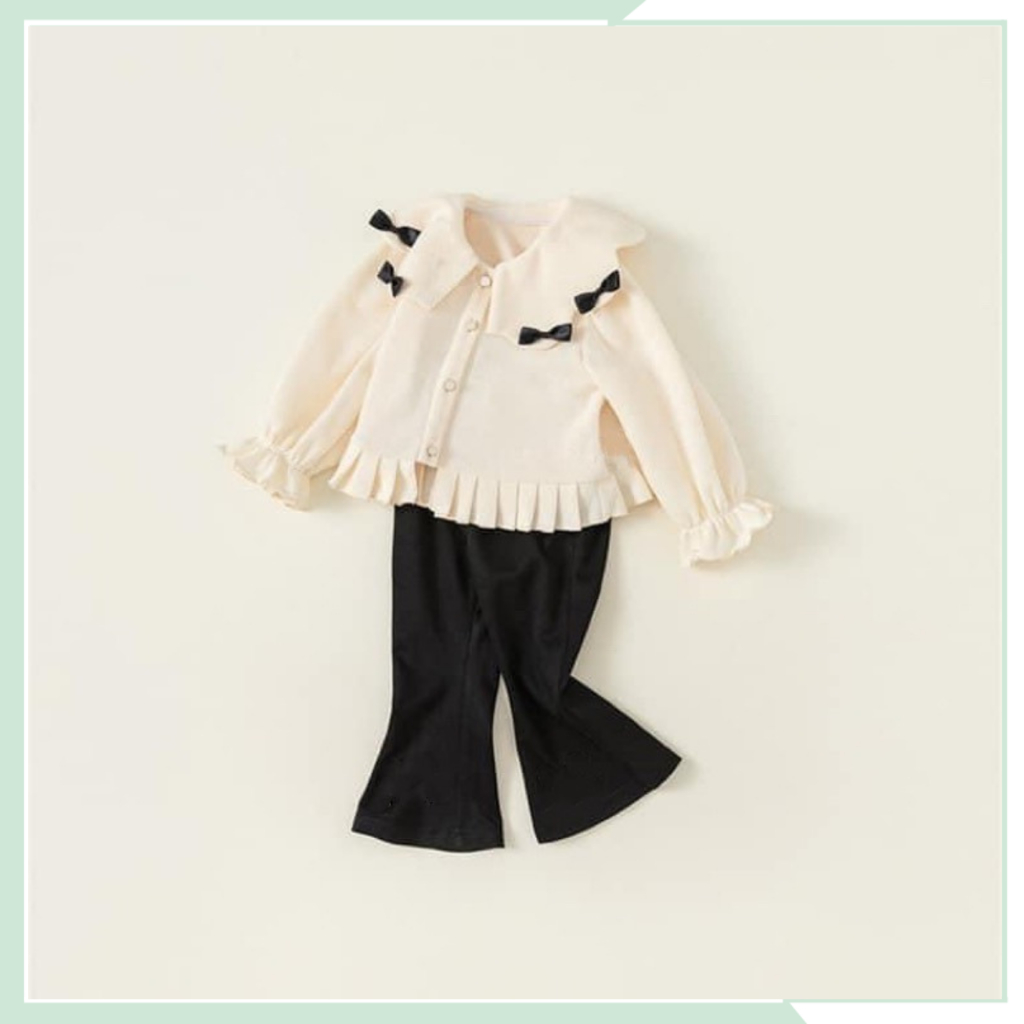 Bộ thu đông cho bé đi học, set áo len cotton cardigan thêu nơ phối quần dài zip ống loe cho bé đi chơi BBG123