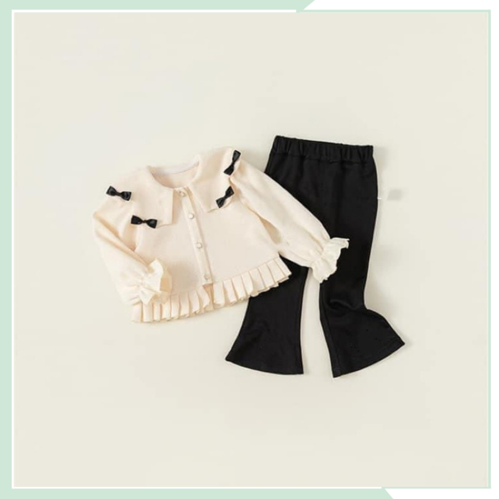 Bộ thu đông cho bé đi học, set áo len cotton cardigan thêu nơ phối quần dài zip ống loe cho bé đi chơi BBG123