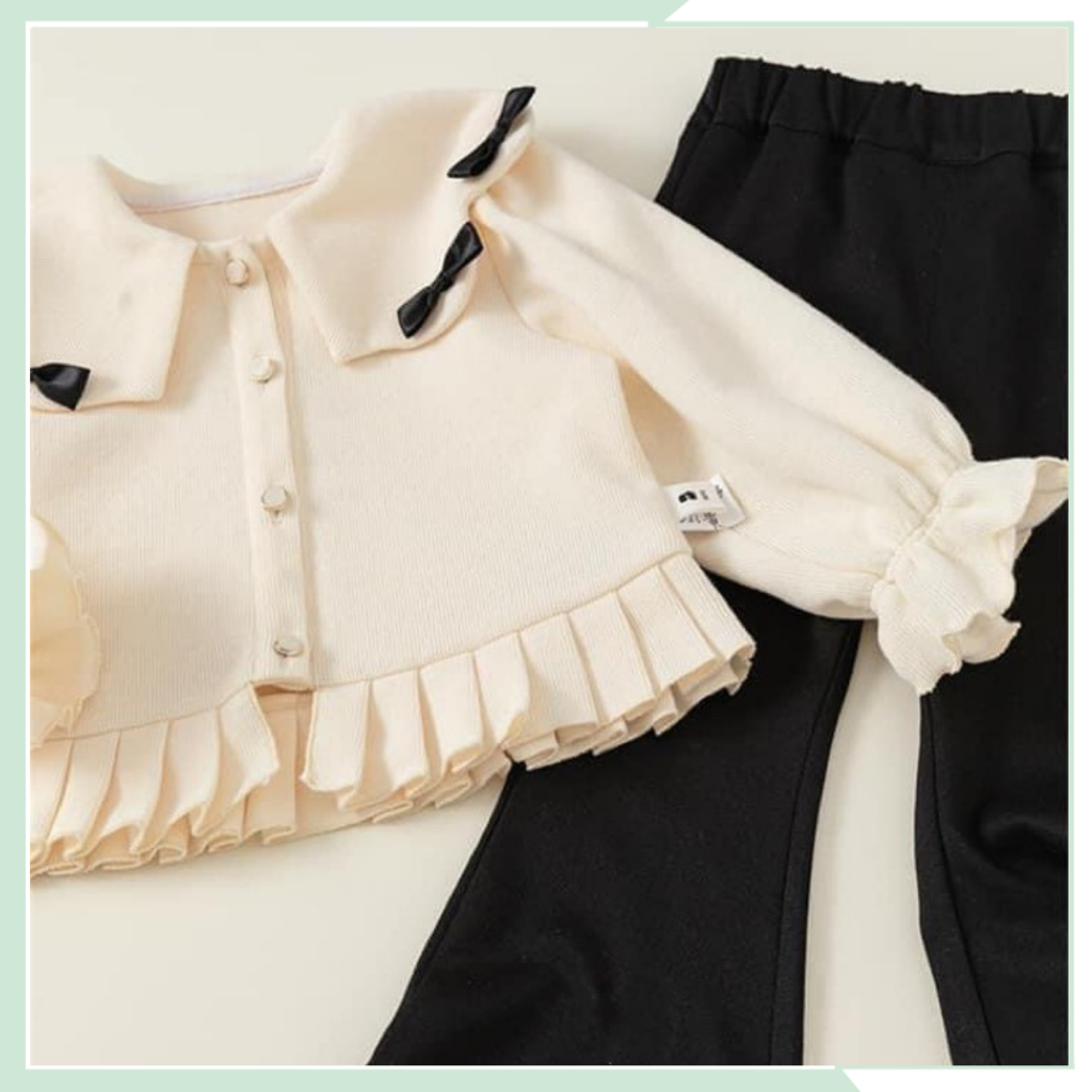 Bộ thu đông cho bé đi học, set áo len cotton cardigan thêu nơ phối quần dài zip ống loe cho bé đi chơi BBG123