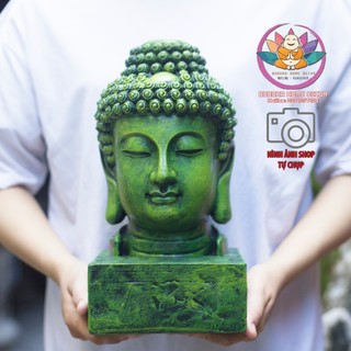 Đầu tượng Phật Thích Ca màu xanh rêu phong thủy thờ cúng trang trí hồ cá, thuỷ sinh, tiểu cảnh, bán cạn, terrarium