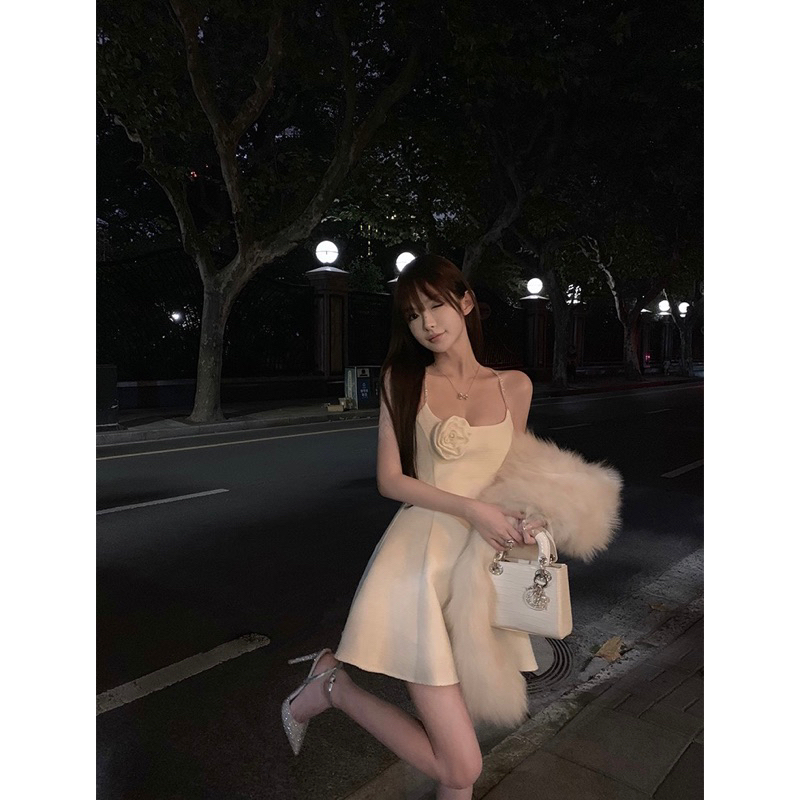 Đầm Hai Dây Hở Lưng Đính Hoa TIBU Đầm Dự Tiệc Nữ Form Ngắn Dáng Xoè Dây Đan Lưng Tôn Eo Sang Chảnh