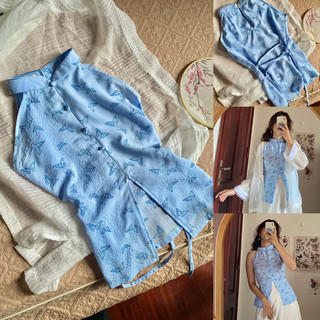 Set áo choàng đối khâm tơ trắng và áo cổ yếm siết eo hoạ tiết bướm hợp mặc cổ Trang, lễ Tết (ảnh thật tự chụp)