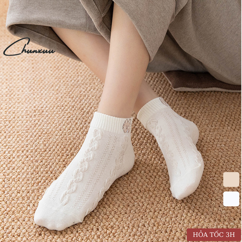 Tất nữ cổ ngắn Xuu vải cotton co dãn phối họa tiết dập nổi cao cấp - T13