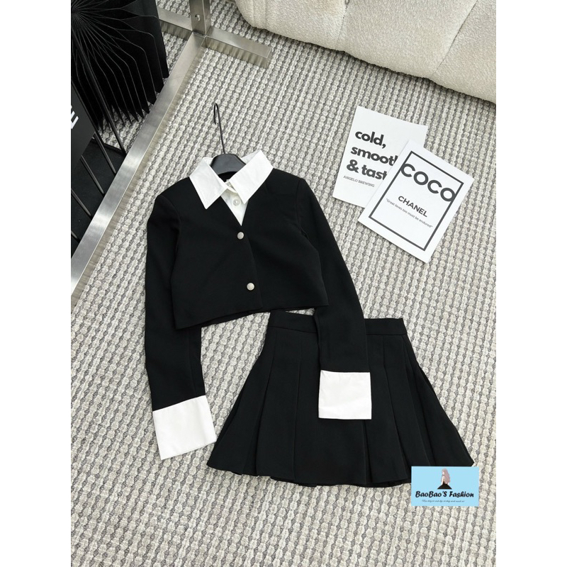 Set đen áo vest 2 lớp mix chân váy