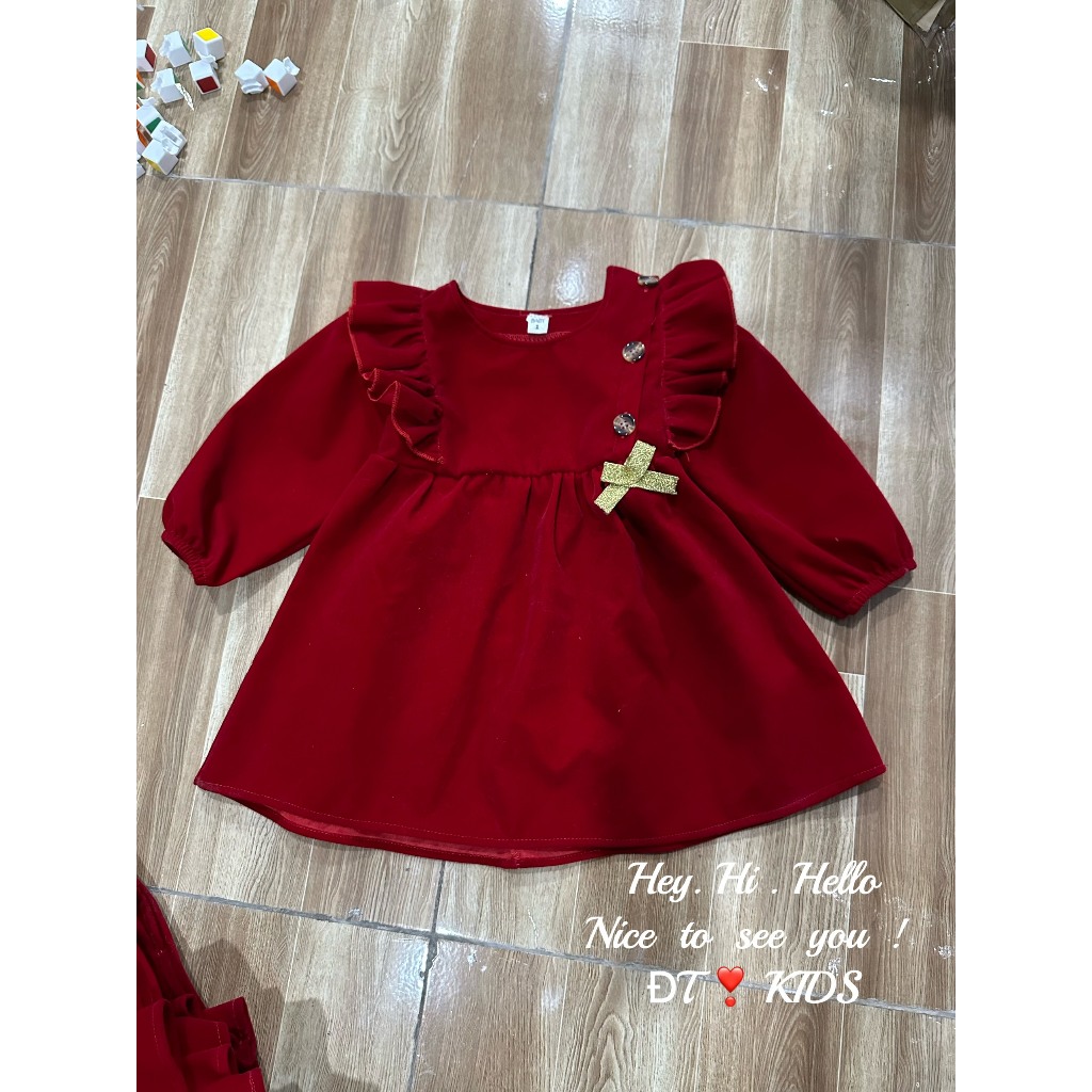 Váy bé gái - Đầm babydoll nhung đỏ tiểu thư cho bé xinh của mẹ