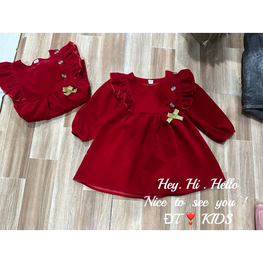 Váy bé gái - Đầm babydoll nhung đỏ tiểu thư cho bé xinh của mẹ