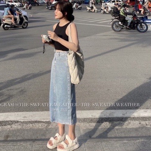 CHÂN VÁY BÒ DENIM TRƠN XẺ SAU DÀI QUA GỐI JEANS #919