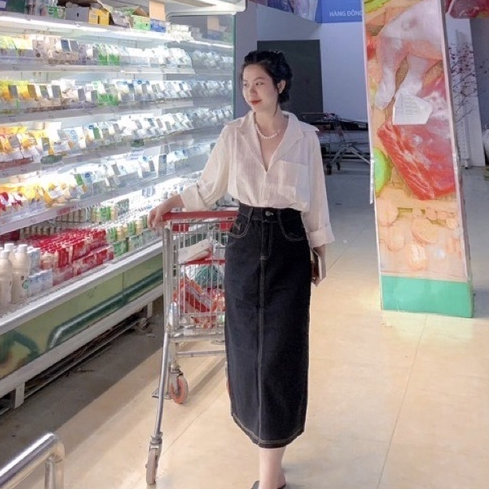 CHÂN VÁY BÒ DENIM TRƠN XẺ SAU DÀI QUA GỐI JEANS #919