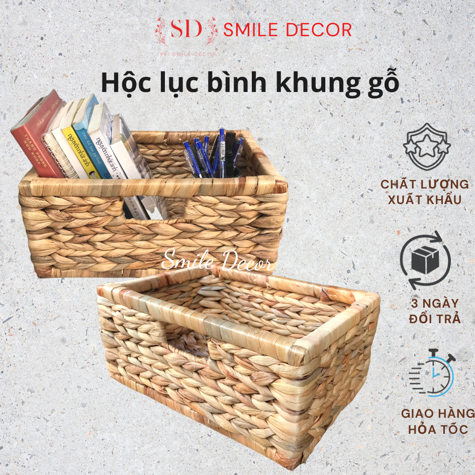 Hộc đựng sách báo Smile Decor đan lục binh khung gỗ chắc chắn , khay để giá kệ phong cách vintage