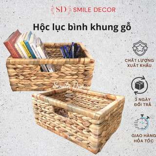 Giỏ đựng sách báo Smile Decor đan lục binh khung gỗ chắc chắn , khay để giá kệ phong cách Hàn