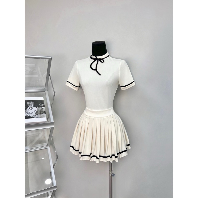Set váy nữ tiểu thư áo len tăm cổ nơ cộc tay kèm chân váy xếp ly B.Y Tea Clothing