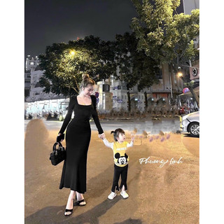 Váy body tay dài cổ vuông thân rúm eo cực tôn dáng